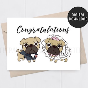 DRUCKBARE Hochzeitskarte Glückwünsche, Mops Brautpaar Karte, Hund Mops Braut und Bräutigam Karte, Verlobungskarte, Geschenk zum Hochzeitstag