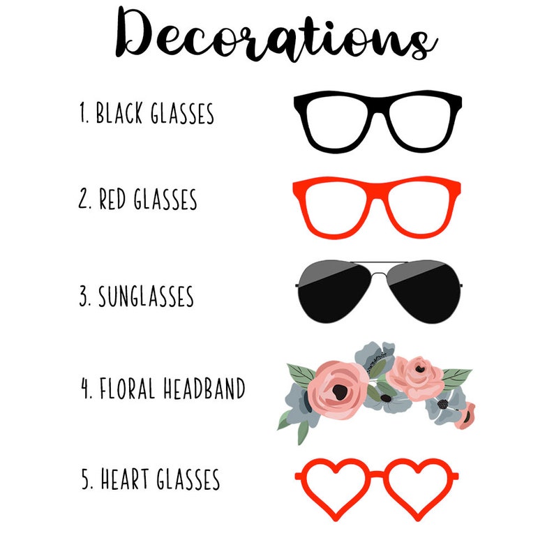May include: A list of five different decorative glasses and a floral headband. The glasses include black, red, sunglasses, and heart-shaped glasses. The headband is decorated with pink and blue flowers.