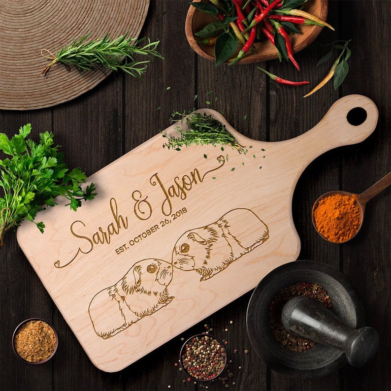 Personalized Cutting Board, Custom Guinea Pig Wood Cutting Board, Newlywed Wedding Gift, Valentine Anniversary Housewarming Gifts image 1