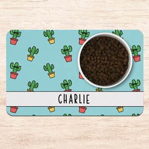 Blue Cactus Dog Mat, Cute Personalized Dog Placemat, Custom Pet Food Mat, Pet Bowl Mat, Cat Feeding Mat, New Puppy Gift