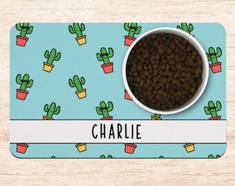 Blue Cactus Dog Mat, Cute Personalized Dog Placemat, Custom Pet Food Mat, Pet Bowl Mat, Cat Feeding Mat, New Puppy Gift