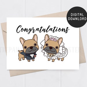 DRUCKBARE Hochzeitskarte Glückwünsche, Französische Bulldogge Brautpaar Karte, Hund Frenchie Braut und Bräutigam Karte, Verlobungskarte, Geschenk zum Hochzeitstag