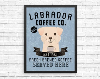 Coffee Wall Decor, Yellow Labrador Retriever Kitchen Art Print, Dog Coffee Wall Art, Coffee Shop Sign, Vintage Coffee Bar Decor, Dog Poster