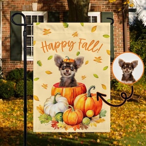 Custom Dog Halloween Garden Flag, Personalized Pet Portrait Happy Fall Dog Flag, Autumn Pumpkin Yard Flag, Halloween Outdoor Decorations