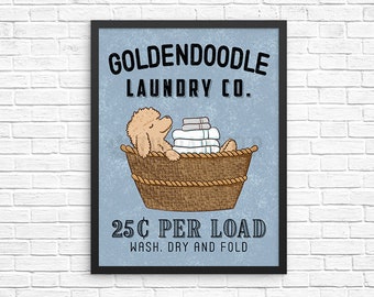 Goldendoodle Laundry Wall Decor, Wash Dry Fold Laundry Art Print, Doodle Dog Wall Art, Laundry Room Sign, Vintage Poster Laundry Room Decor