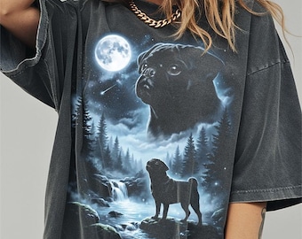 Camiseta de pug negro aullando a la luna, divertida camiseta de Halloween con colores que brindan comodidad al perro, regalos