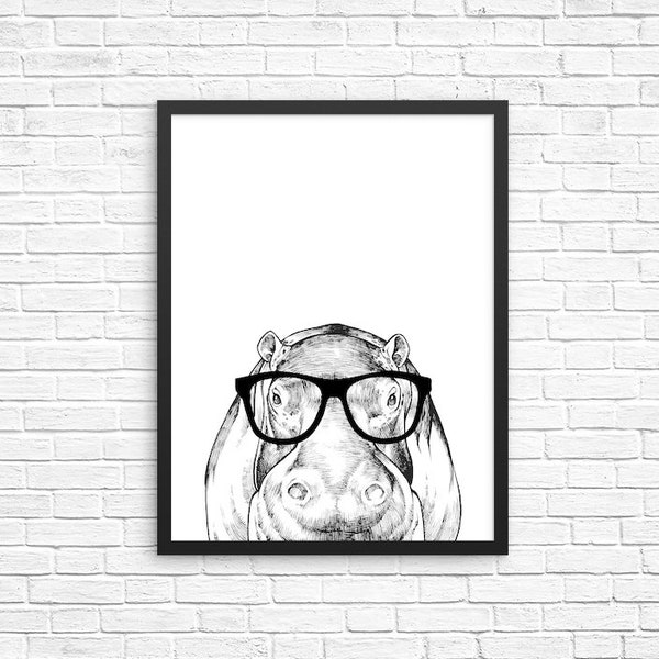 Hippo Wall Art, Animal Portrait Print, Farmhouse Sign, Hippopotamus Wall Decor, Animal Nursery Decor, Poster, Kids Room Decor for Boy Girl