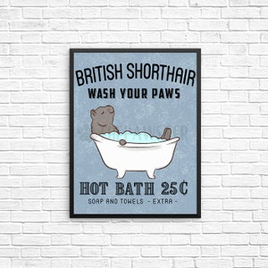 British Shorthair Cat Bathroom Wall Decor, Wash Your Paws Bathroom Art Print, Blue Cat Wall Art, Bathroom Signs, Quote Art, Vintage Poster