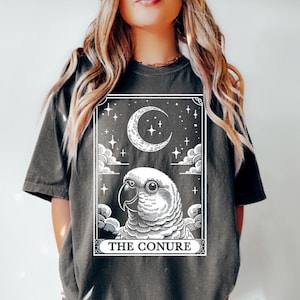 Chemise oiseau Conure, chemise carte de tarot, chemise lune Halloween perroquet Conure soleil, cadeaux pour amoureux de perroquet conure joue verte, chemise couleurs confort