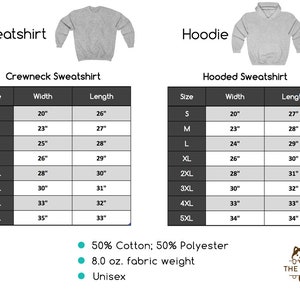 May include: Size chart for a grey crewneck sweatshirt and a grey hooded sweatshirt. The chart shows the width and length measurements in inches for sizes S through 5XL. The fabric is 50% cotton and 50% polyester, 8.0 oz. fabric weight, and unisex.
