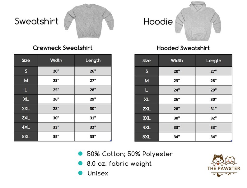 May include: Size chart for a grey crewneck sweatshirt and a grey hooded sweatshirt. The chart shows the width and length measurements in inches for sizes S through 5XL. The fabric is 50% cotton and 50% polyester, 8.0 oz. fabric weight, and unisex.