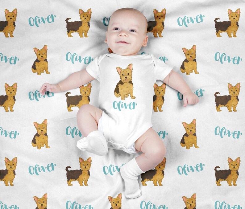 Personalized Baby Blanket, Custom Yorkie Swaddle Blanket Set, Newborn Photo Prop, Cute Yorkshire Terrier Dog Swaddle Set for Boy, Girl image 1