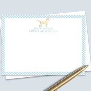 Custom Dog Baby Thank You Card featuring personalized baby name and dog breed art. Great for baby shower thank you note cards, with envelope in a baby notecard set.