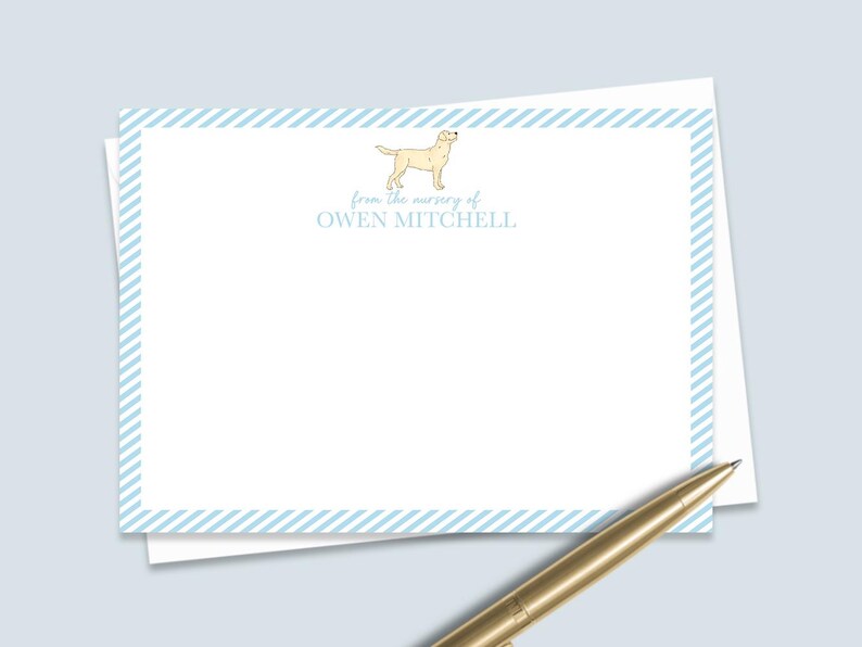 Custom Dog Baby Thank You Card featuring personalized baby name and dog breed art. Great for baby shower thank you note cards, with envelope in a baby notecard set.