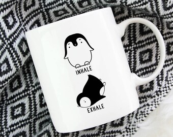 Inhale Exhale Penguin Yoga Coffee Mug, Penguin 11 oz Coffee Mugs, Funny 15 oz Coffee Mug, Animal lover gift Cup Mug, Glass