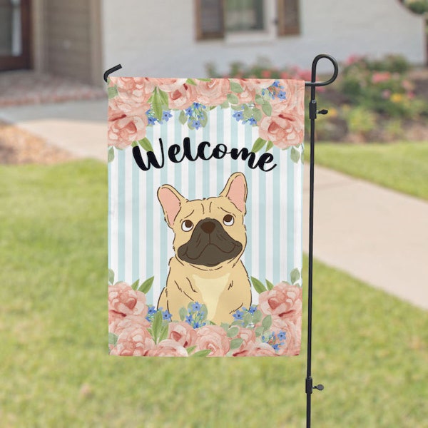 Bandera de jardín de Bulldog francés, Banderas de jardín de primavera, Bandera de la casa del perro Frenchie, Decoración del patio del porche floral, Letrero de bienvenida Decoración al aire libre de la granja
