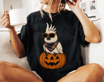 Retro Umbrella Cockatoo Halloween Shirt, Spooky Pumpkin Bird Comfort Colors Tshirt, Funny Parrot Lover Gift