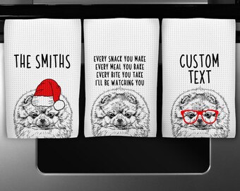 Pomeranian Kitchen Towel, Christmas Tea Towel, Funny Pom Dog Hand Towels, Custom Waffle Weave Towel, Personalized Housewarming Gift