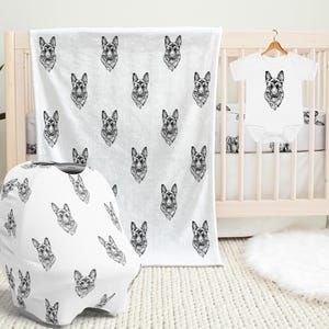 German Shepherd Baby Blanket, Alsatian Baby Shower Gift, Baby Car Seat Cover, Dog Swaddle Blanket, Crib Sheet, Baby Bib Dog Baby Knotted Hat