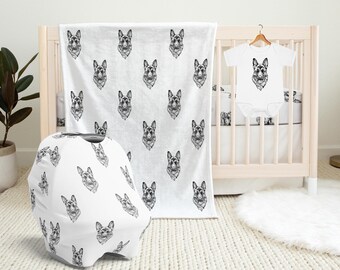 German Shepherd Baby Blanket, Alsatian Baby Shower Gift, Baby Car Seat Cover, Dog Swaddle Blanket, Crib Sheet, Baby Bib Dog Baby Knotted Hat