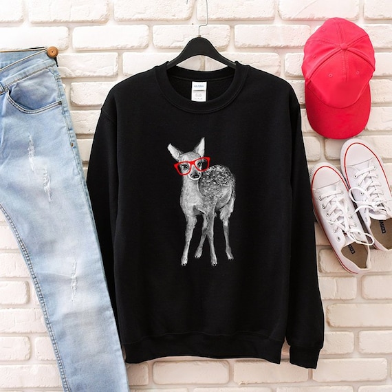 Hipster Deer Sweatshirt, Glasses Nerdy Deer Hoodie, Unisex Animal Crewneck Sweatshirts, Animal Sweater, Fawn Deer Gifts, Nerd Gift