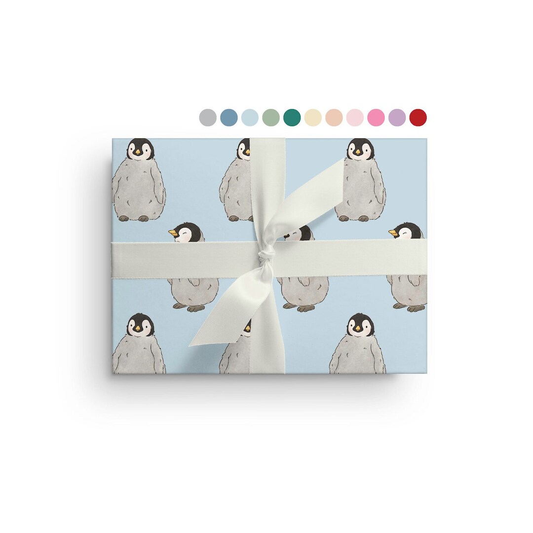 5 Sheets of Penguin Wrapping Paper, Custom Color Animal Wrapping Paper