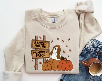 Basset Hound Sweatshirt, Fall Dog Mom Pumpkin Patch Sweatshirt, Thanksgiving Autumn Sweater, Basset Hound Halloween Hoodie or Tshirt