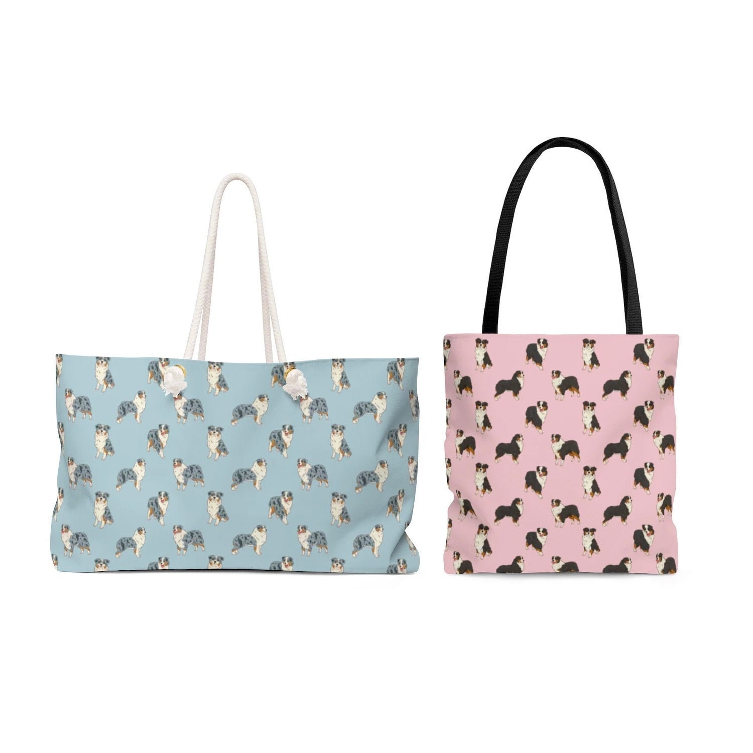NATSUNO Australian Shepherd Tote Bag - Blue Bow Dog Lover Canvas Tote, Reusable Grocery Bag For Women