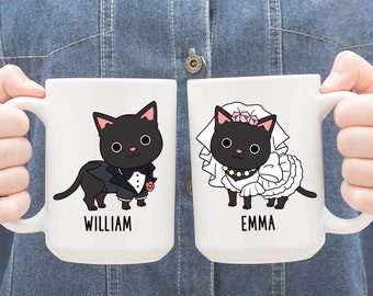 Personalized Bride and Groom Mugs, Custom Black Cat Mug, Cat Lover Newlywed Gift, Engagement Gifts for Couple, Wedding Gift