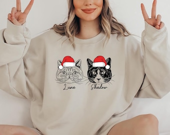 Sweatshirt de Noël chat personnalisé, pull de Noël portrait père Noël, chemise de Noël portrait animal de compagnie personnalisé, cadeau maman chat personnalisé