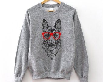 German Shepherd Sweatshirt, Hipster GSD Dog Hoodie, Glasses Nerdy Dog Unisex Crewneck Sweatshirts, Sweater, Alsatian Mom Gift