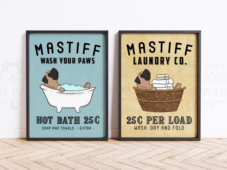 Funny English Mastiff Bath or Laundry wall art print, poster, or canvas for Mastiff lovers! This cute dog bathroom and laundry room decor featuring Bull Mastiff art makes a perfect gift for Bullmastiff mom and dog lovers. A great housewarming gift for any English Mastiff lovers.
