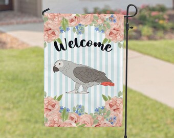 African Grey Parrot Garden Flag, Spring Garden Flags, Bird Lovers House Flag, Floral Porch Yard Decor, Welcome Sign Farm Outdoor Decoration