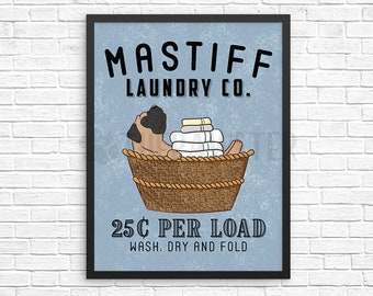 Bullmastiff Laundry Sign, English Mastiff Laundry Room Decor, Wash Dry Fold Wall Art Print, Farmhouse Vintage Poster Laundry Co Wall Decor