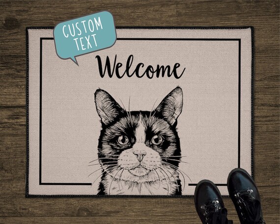 Tuxedo Cat Door Mat, Cat Custom Front Doormat, Personalized