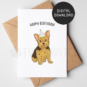 Cartão de aniversário para impressão de Yorkie, cartão de feliz aniversário de cachorro, cartões de aniversário de cachorro, mãe de cachorro, pai de cachorro, presente de mãe de Yorkshire Terrier