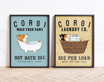 Corgi Wall Decor, Tri Color Corgi Bathroom Art, Funny Corgi Dog Laundry Print, Dog Housewarming Gift, Dog Bathroom Sign Poster