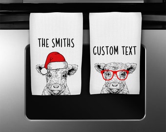 Baby Cow Kitchen Towel, Christmas Tea Towel, Funny Farm Animal Hand Towels, Custom Waffle Weave Towel, Farmhouse Christmas Decor Gift