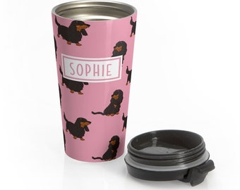 Dachshund Personalized Travel Mug, Doxie Weenie Dog Stainless Steel Coffee Tumbler, Insulated Travel Mug Cup Bottle, Custom Dog Mom Gift