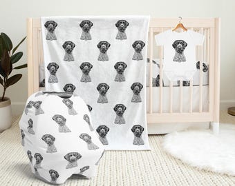 German Wirehaired Pointer Baby Blanket, GWP Baby Shower Gift, Baby Car Seat Cover, Dog Swaddle Blanket, Crib Sheet, Baby Bib, Knotted Hat