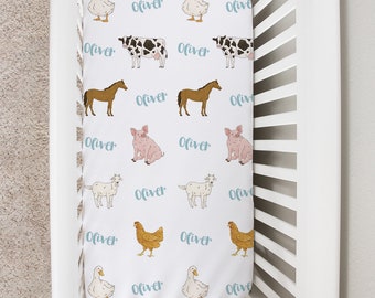 Custom Crib Sheet, Farm Animals Baby Changing Table Cover, Personalized Boy Girl Baby Bedding Sheet, Farm Animal Newborn Baby Shower Gift