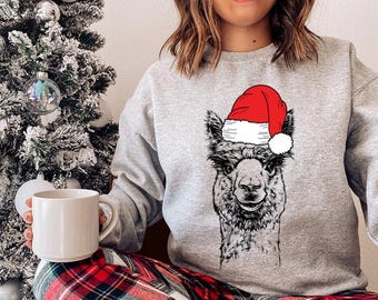 Sweat-shirt de Noël avec lama, chemise de Noël père Noël lama, pull de Noël animal, cadeaux de Noël pour amoureux des lamas