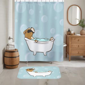 May include: A blue shower curtain with a cartoon dog in a bathtub with bubbles. The dog is wearing a sleep mask and has brown fur. The shower curtain has a white border.