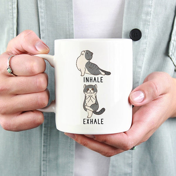 Inhale Exhale Exotic Shorthair Cat Coffee Mug, Exotic Cat Yoga 11oz Coffee Mugs, Funny 15oz Mug, Yoga Teacher Gifts, Cat Mom Mug, Yoga Gift