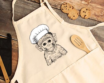 Monkey Apron, Baby Monkey Aprons with pockets, Safari Animal Cooking Baking Apron For Women, Men, Kitchen Chef Gifts, Hostess Gift Ideas