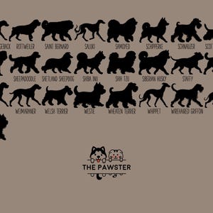 May include: A chart of 25 different dog breeds, each represented by a black silhouette. The breeds are listed below each silhouette. The chart is on a light brown background. The text "THE PAWSTER" is at the bottom of the chart.