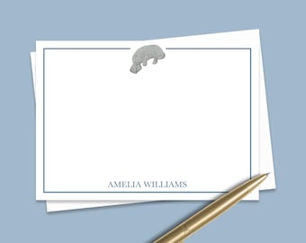 Custom Manatee Note Cards Gift, Personalized Animal Notecard Set, Stationery Set, Cute Manatee Thank You Flat Note Card Set with Envelope