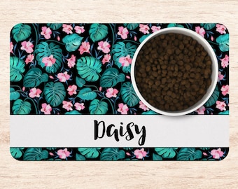Tropical Leaf Dog Mat, Floral Personalized Dog Placemat, Custom Pet Food Mat, Pet Bowl Mat, Cat Feeding Mat, New Puppy Gift