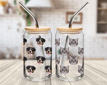 Custom Dog Photo Coffee Glass, Cat Dog Portrait Can Glass, Personalized Dog Mom Tumbler, Pet Portrait Iced Coffee Mug Cute Dog Cat Mom Gift