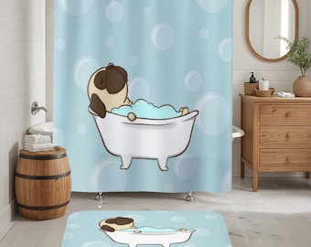 Pug Decor, Pug Shower Curtain, Bath Mat, Funny Dog Bathroom Decor, Dog Housewarming Gift, Pug Mom Gift